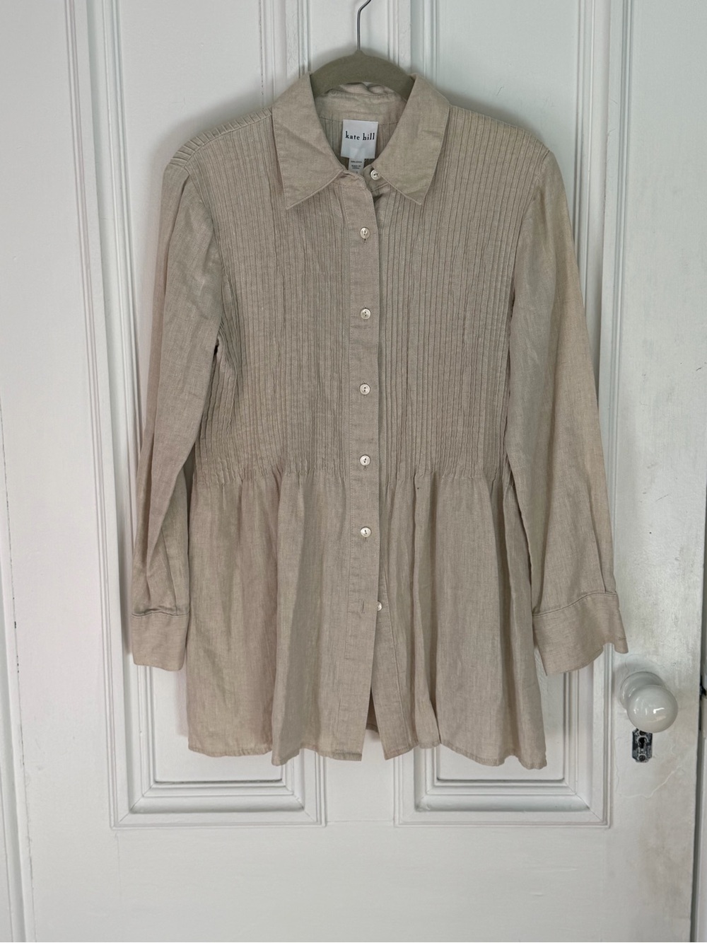 Women’s Kate Hill Linen Long Sleeve Vertical Pin Tuck Pleated Tan Blouse PXS